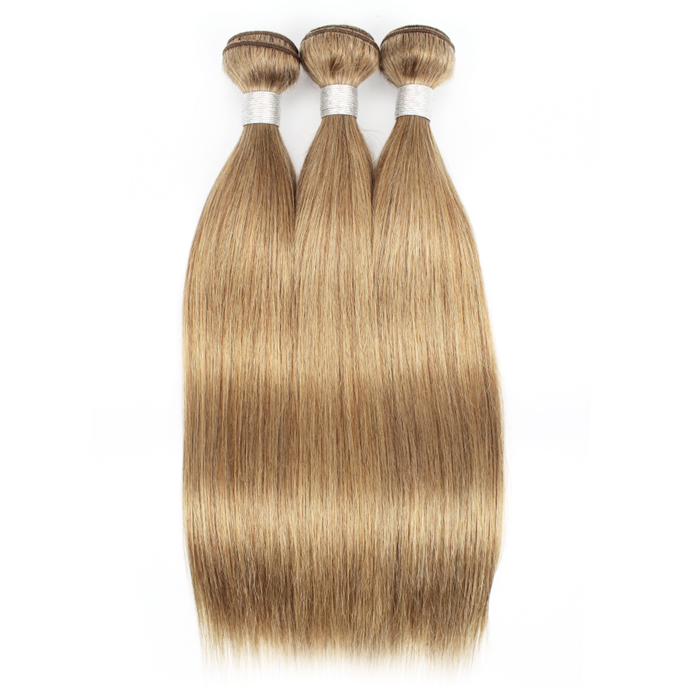 3 번들 색상 8 중간 애쉬 브라운 300 그램/몫 레미 인도 인간의 머리카락 확장 16-24 인치 품질 두꺼운 머리 Wefts